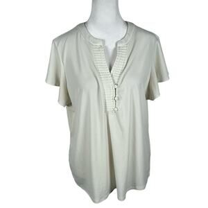 Adrianna Papell Off-White Short Sleeve Top Large Business Buttons Romantic